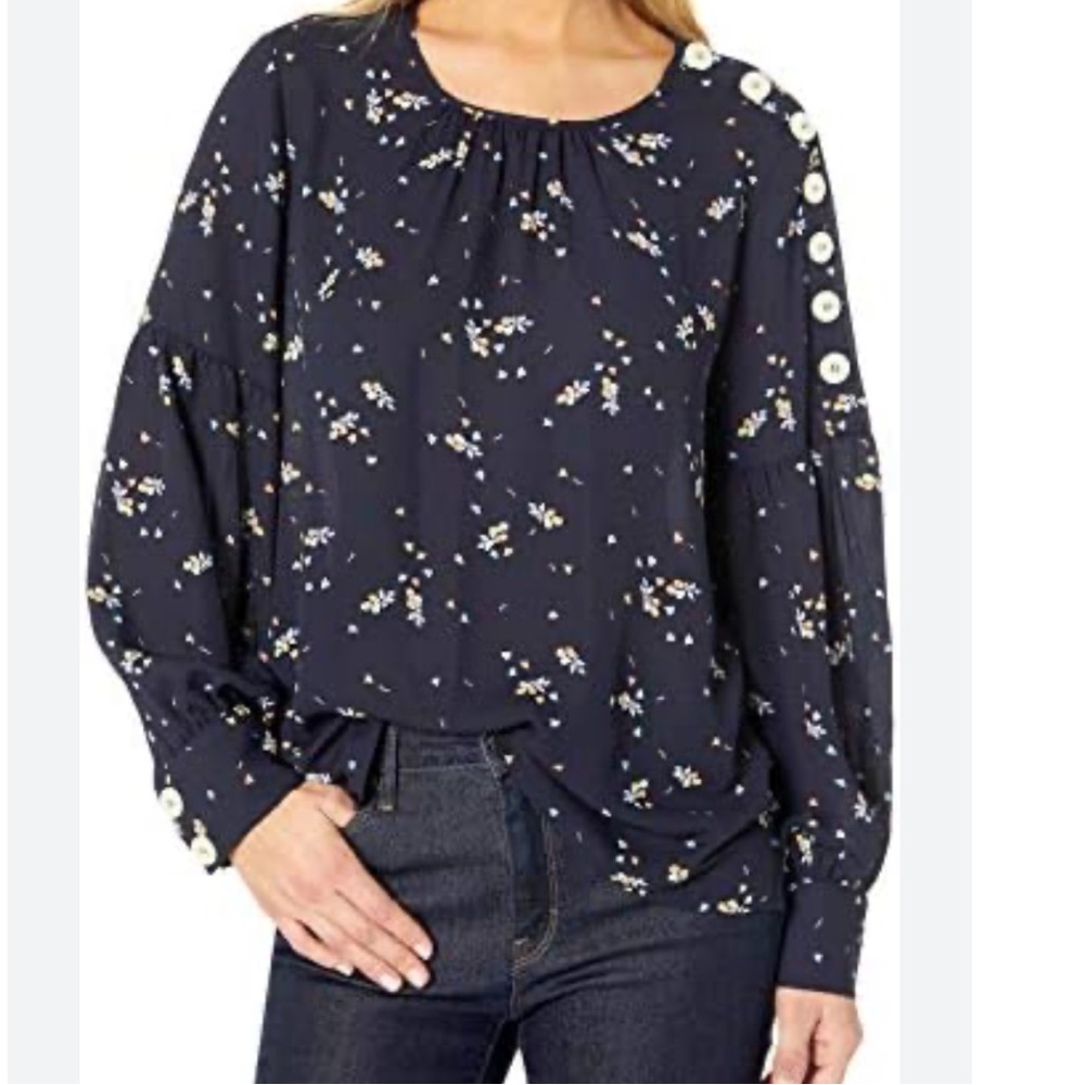 Vince Camuto Blouse Long Button Sleeve Relaxed Fit Navy Blue Floral Small Lightw